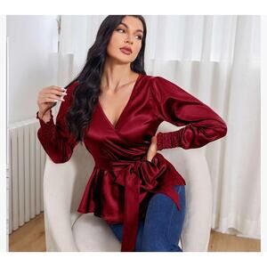MAKARTHY Puff Sleeve Smocked Silk Shirts Satin V-Neck Long Sleeve Wrap Blouse